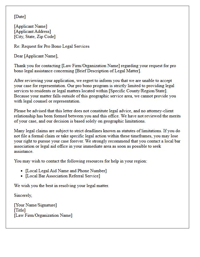 Pro Bono Request Non-Engagement Letter Due to Geographic Limitations