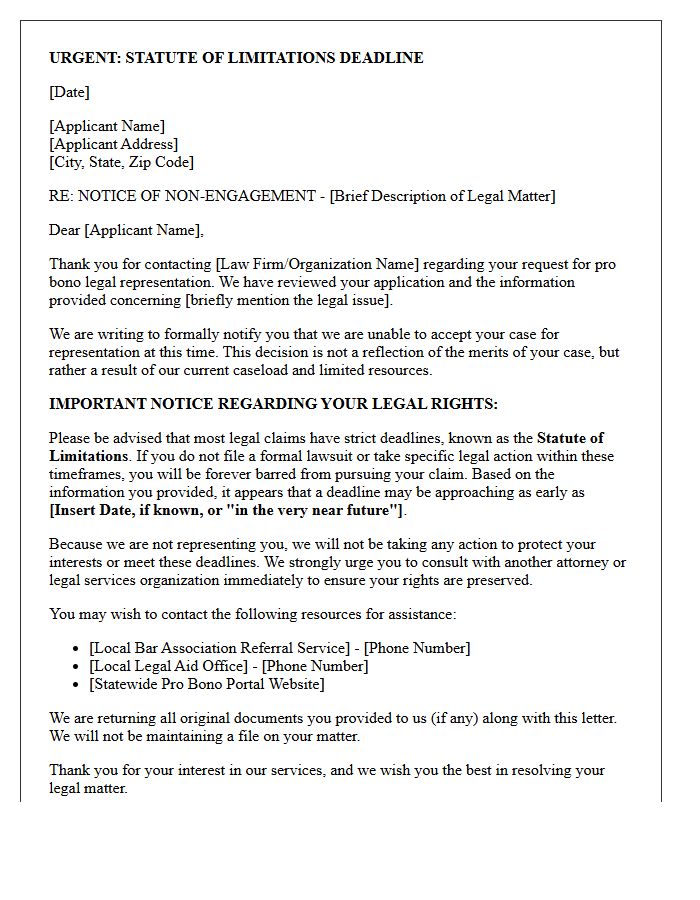 Pro Bono Request Non-Engagement Letter for Impending Statute of Limitations