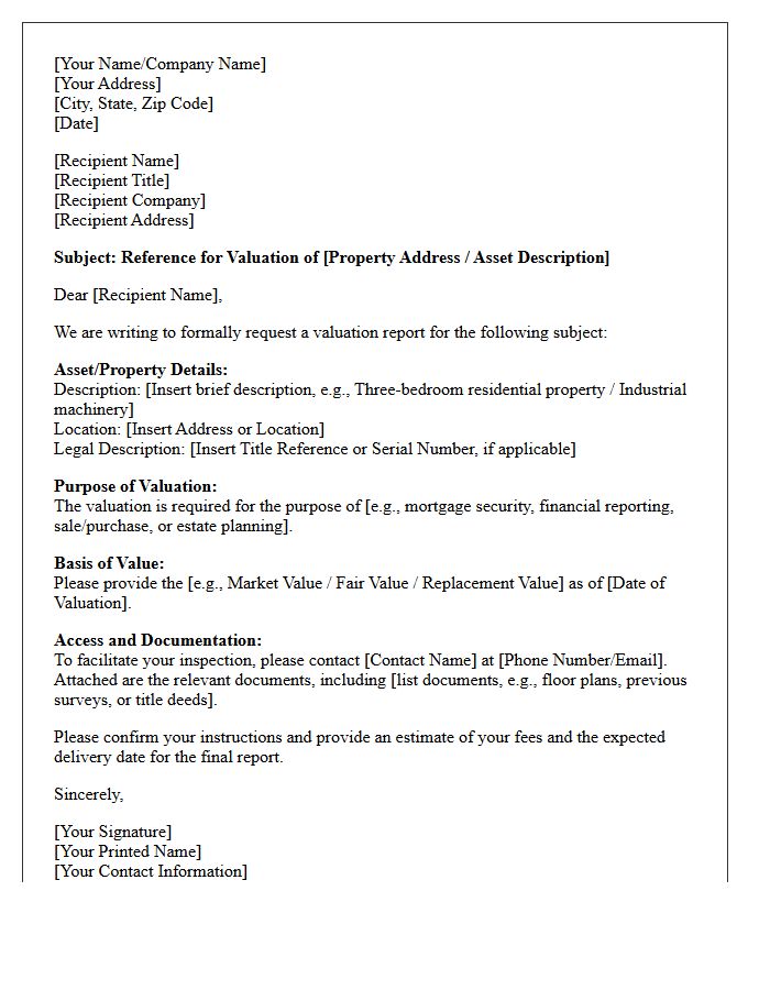 Subject Reference for Valuation Letter