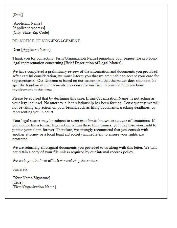 Pro Bono Request Non-Engagement Letter Due to Insufficient Legal Merit