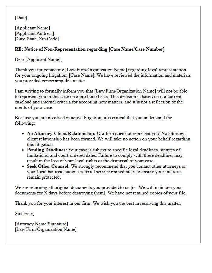 Pro Bono Request Non-Engagement Letter for Existing Litigation