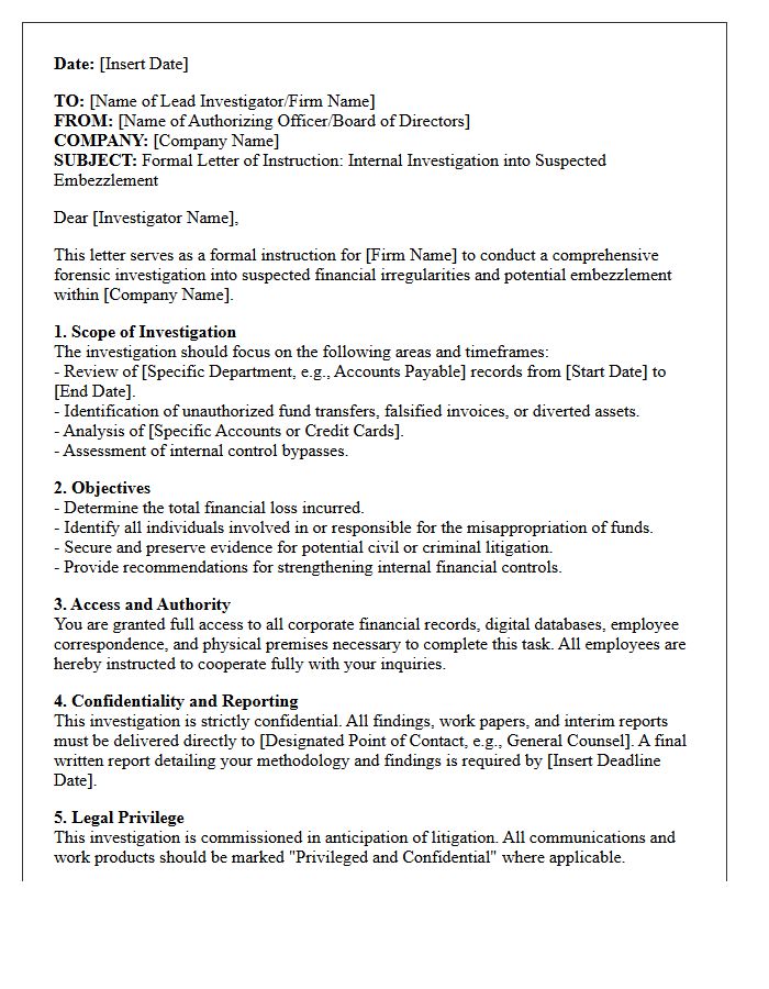 Letter of Instruction for Corporate Embezzlement Investigation