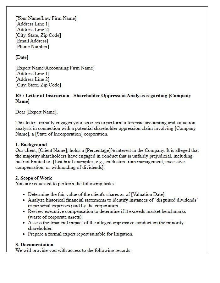 Letter of Instruction for Shareholder Oppression Analysis