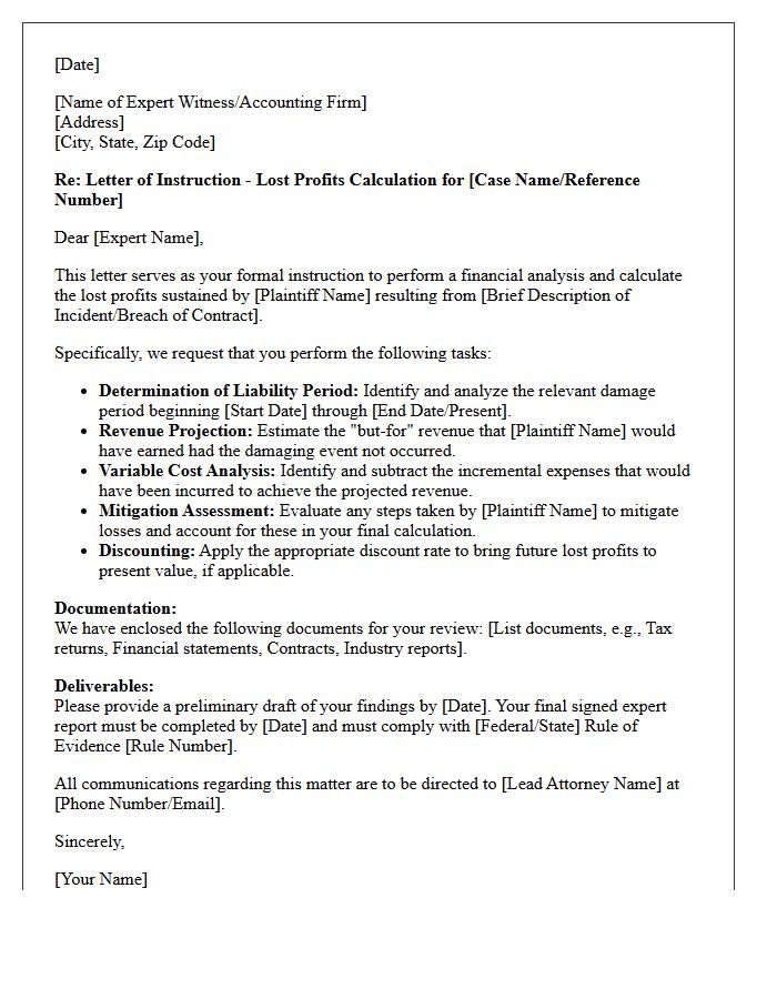 Letter of Instruction for Lost Profits Calculation