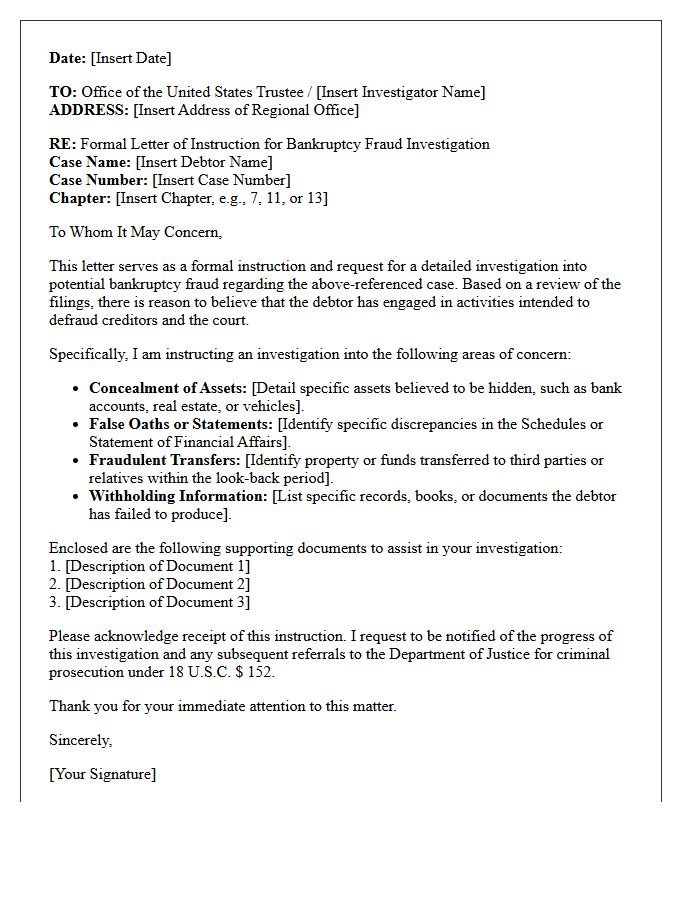 Letter of Instruction for Bankruptcy Fraud Investigation