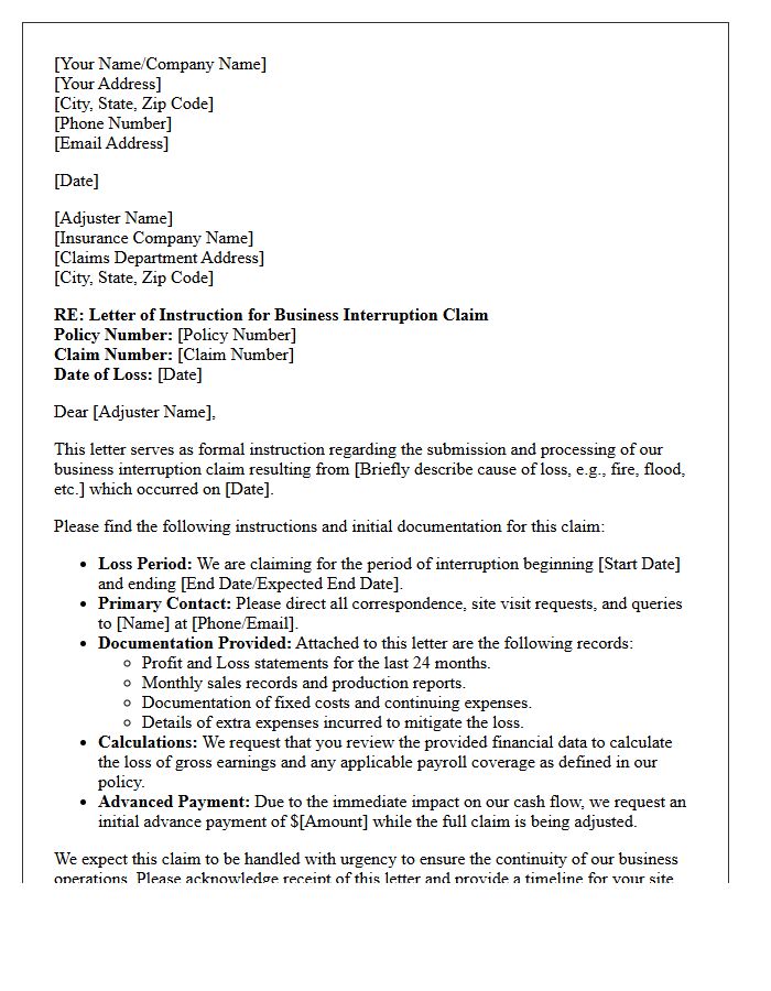 Letter of Instruction for Business Interruption Claim