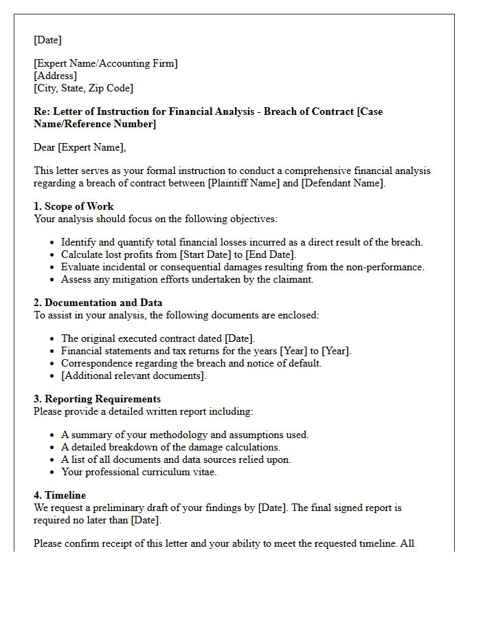 Letter of Instruction for Contract Breach Financial Analysis