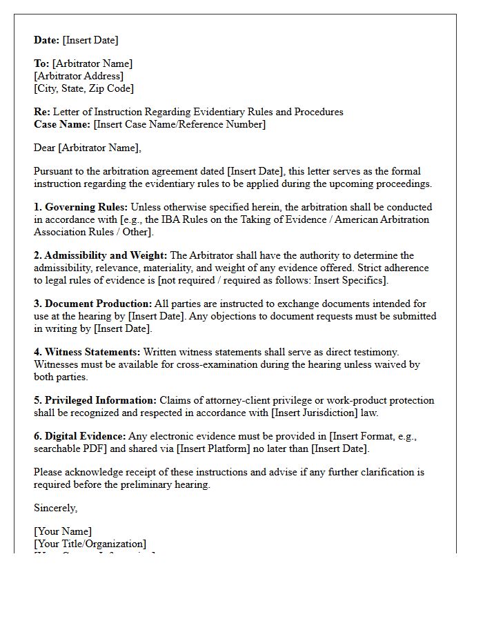Letter of Instruction on Evidentiary Rules for Arbitrator