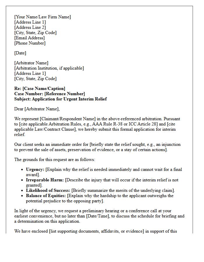 Letter of Instruction to Arbitrator Requesting Interim Relief