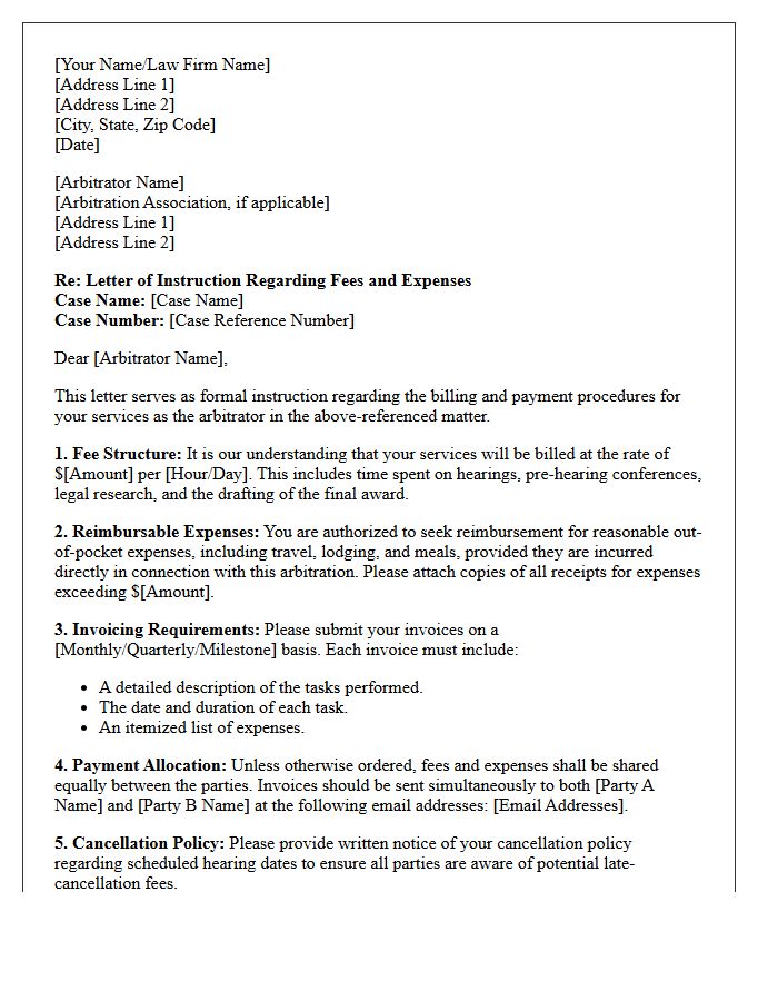 Letter of Instruction Regarding Arbitrator Fees and Expenses