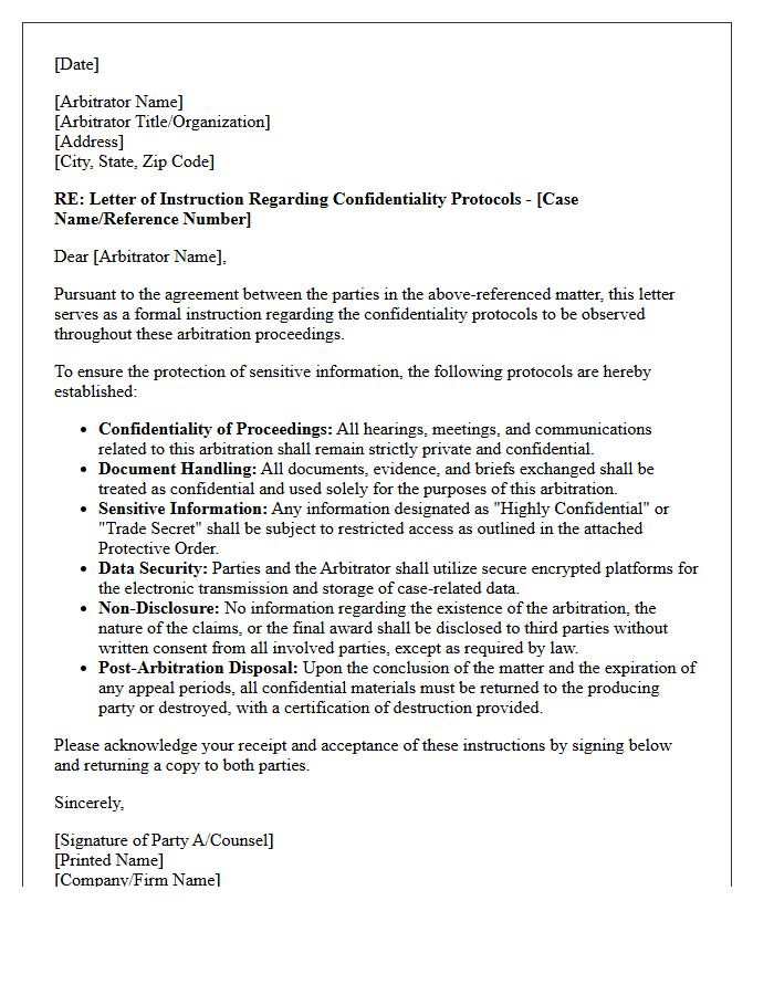 Letter of Instruction to Arbitrator on Confidentiality Protocols