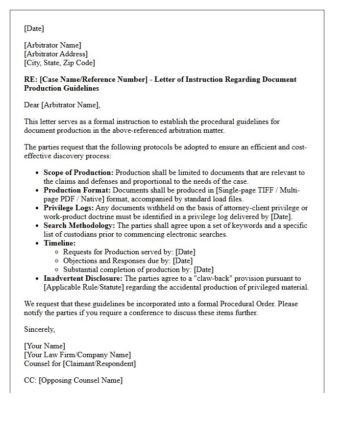 Letter of Instruction for Arbitrator Document Production Guidelines