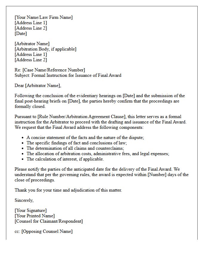 Letter of Instruction to Arbitrator for Final Award Issuance