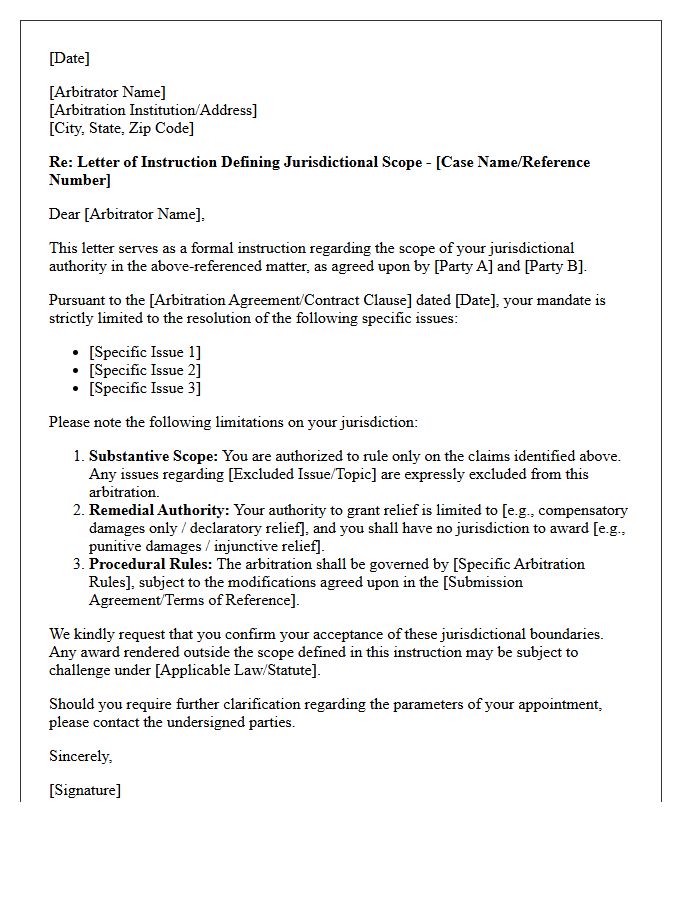 Letter of Instruction Defining Arbitrator Jurisdictional Scope