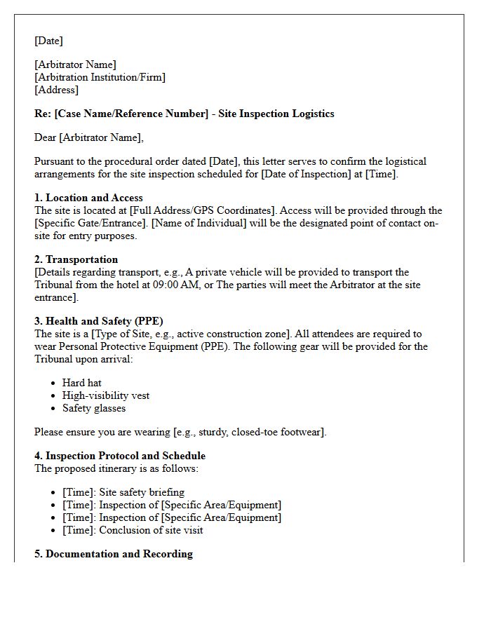 Letter of Instruction to Arbitrator for Site Inspection Logistics