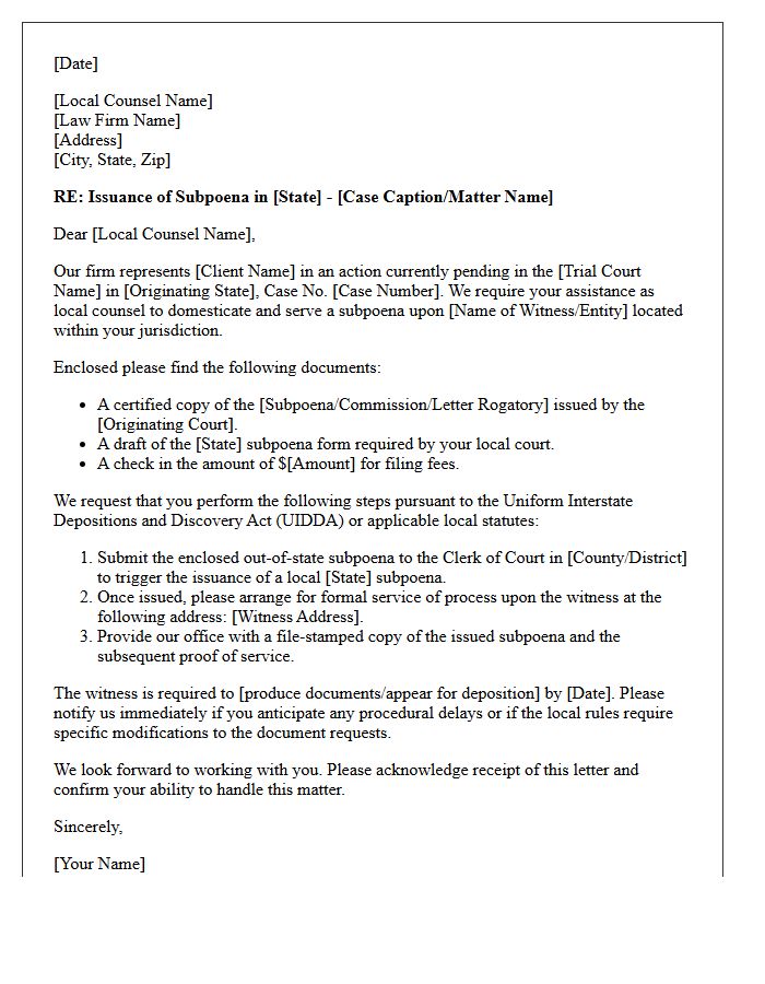 Instruction Letter to Local Counsel Regarding Out-of-State Subpoena