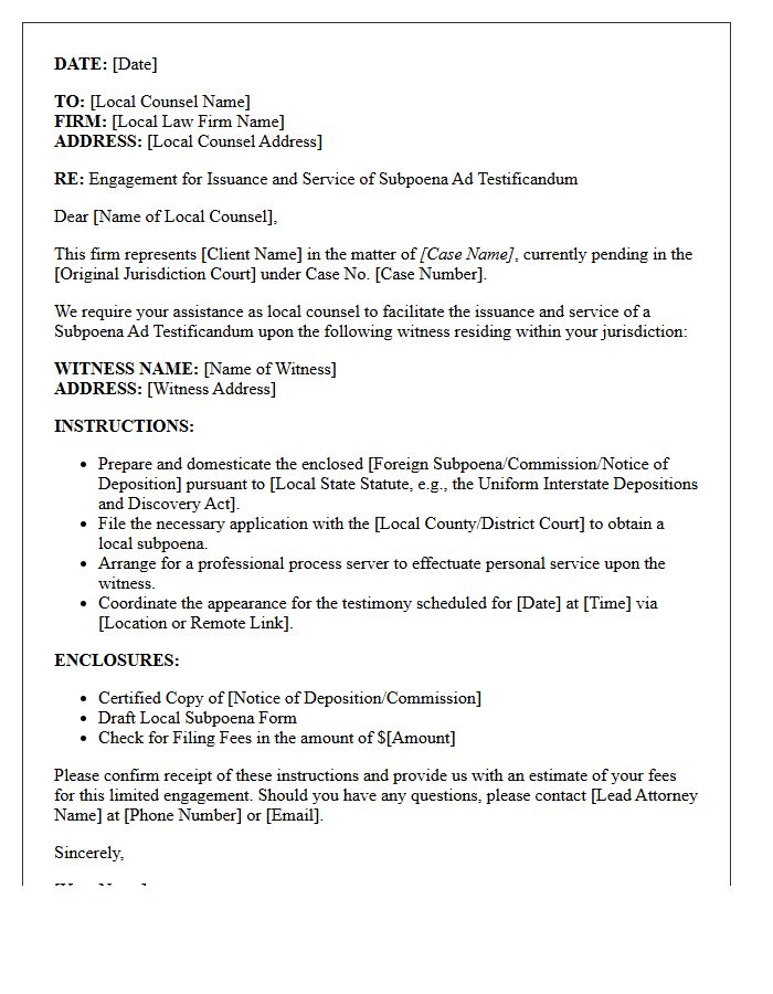 Local Counsel Instruction Letter for Subpoena Ad Testificandum