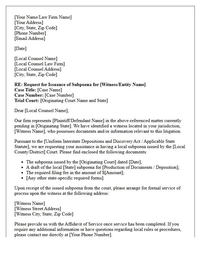 Letter Requesting Foreign Subpoena Issuance by Local Counsel
