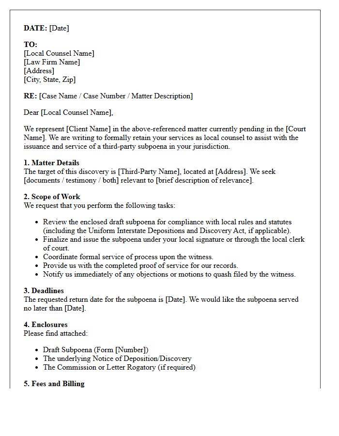 Letter of Instruction to Local Counsel for Third-Party Subpoena