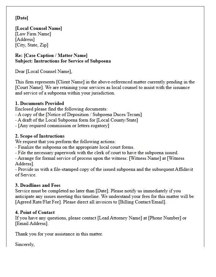 Instruction Letter to Retained Local Counsel for Subpoena Service