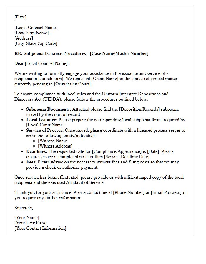 Letter to Local Counsel Outlining Subpoena Issuance Procedures