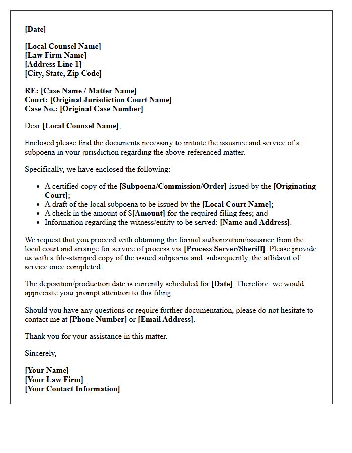 Letter of Transmittal to Local Counsel for Subpoena Authorization