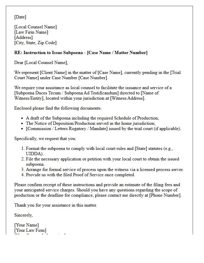 Formal Letter of Instruction for Local Counsel Subpoena Preparation