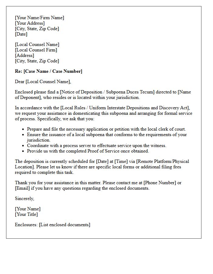 Letter to Local Counsel Regarding Deposition Subpoena Issuance