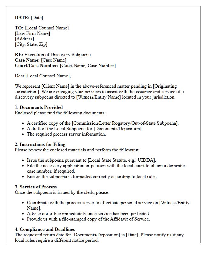 Instruction Letter to Local Counsel for Discovery Subpoena Execution
