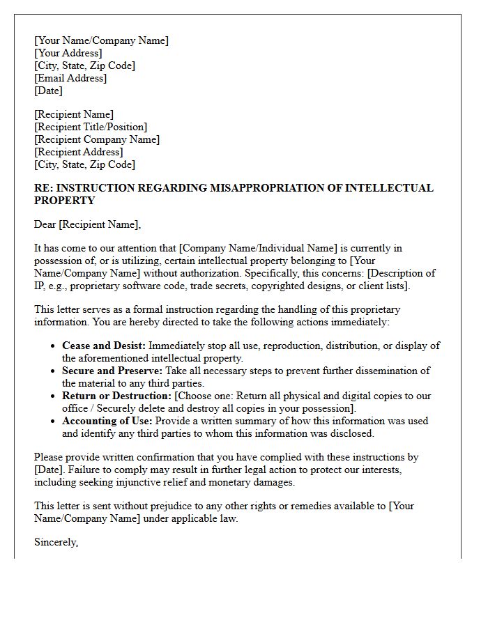 Letter of Instruction Regarding Intellectual Property Misappropriation