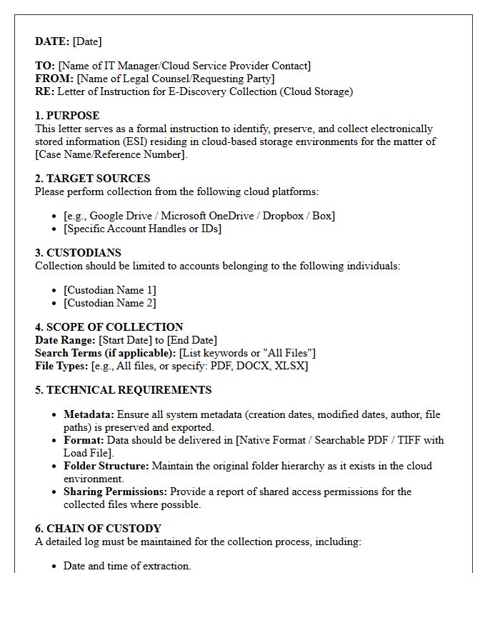 Letter of Instruction for Cloud Storage E-Discovery Collection