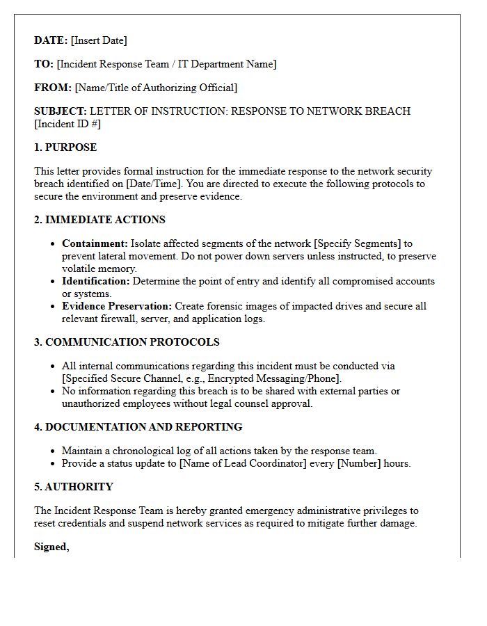 Letter of Instruction Regarding Network Breach Incident Response