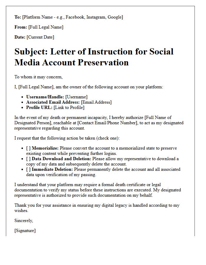 Letter of Instruction for Social Media Account Preservation