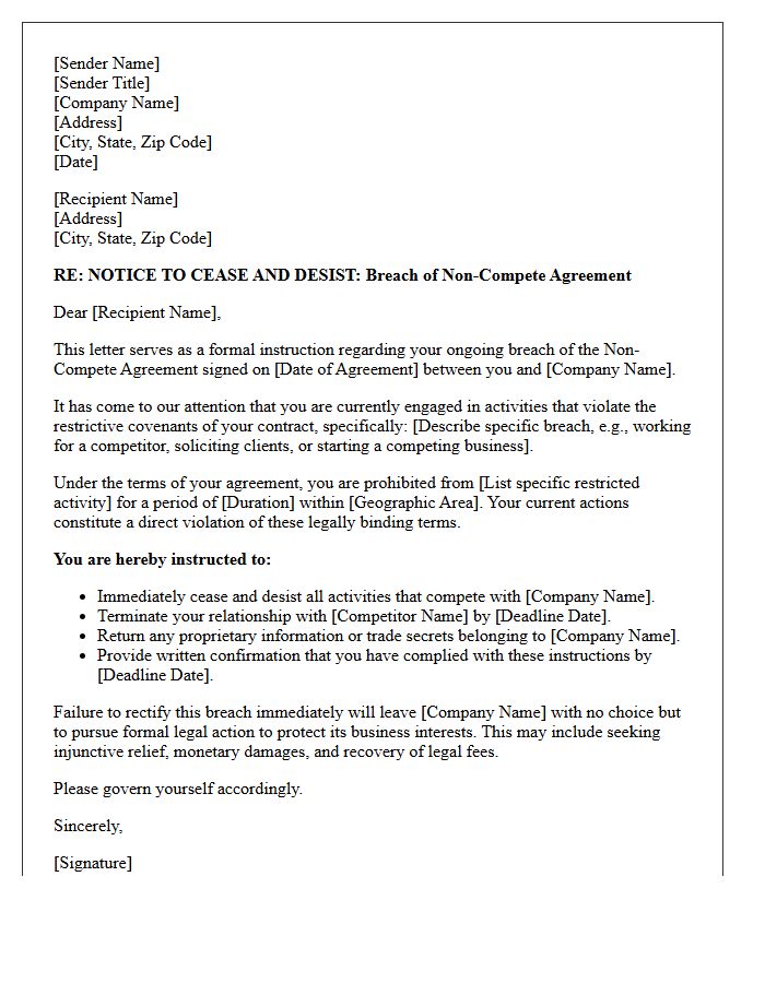 Letter of Instruction Concerning Breach of Non-Compete Agreement