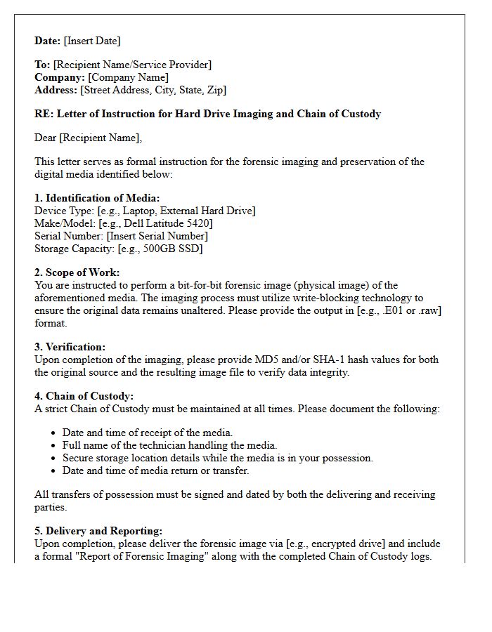 Letter of Instruction for Hard Drive Imaging and Chain of Custody