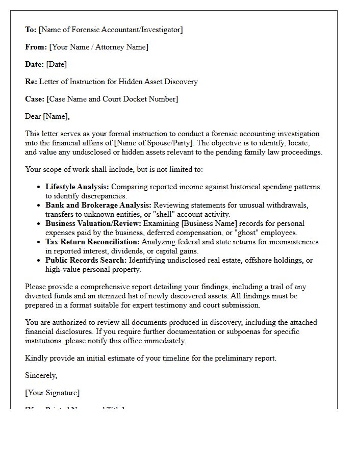 Letter of Instruction Concerning Hidden Asset Discovery in Family Law