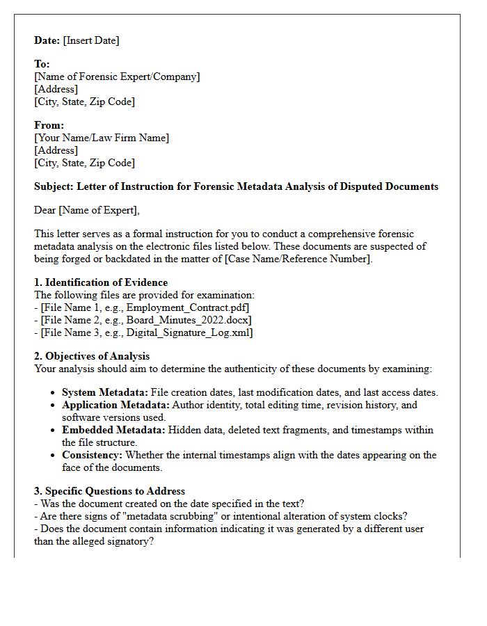 Letter of Instruction for Metadata Analysis of Forged Corporate Documents
