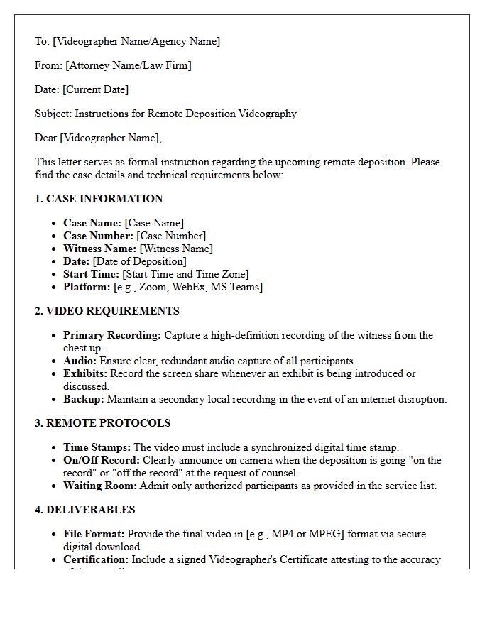Letter Of Instruction To Deposition Videographer For Remote Video Setup