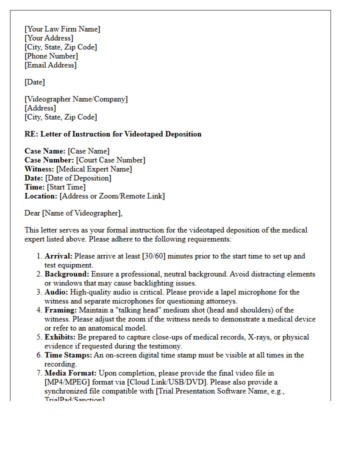 Letter Of Instruction To Deposition Videographer For Medical Expert Testimony