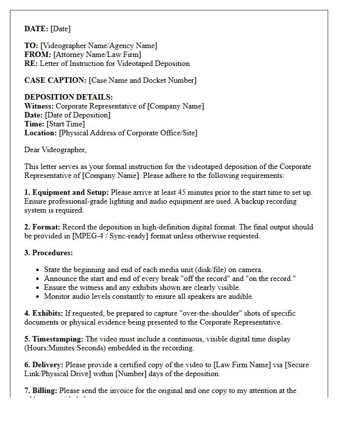 Letter Of Instruction To Deposition Videographer For On-Site Corporate Representative Deposition