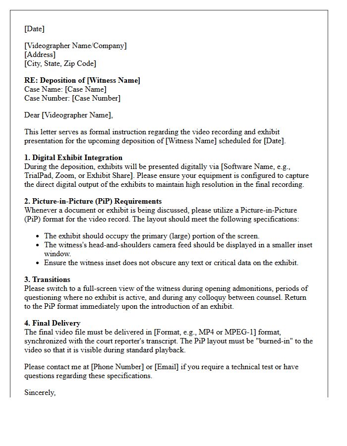 Letter Of Instruction To Deposition Videographer Regarding Exhibit Presentation And Picture-In-Picture