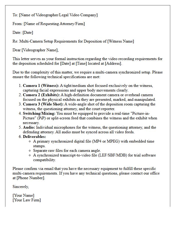 Letter Of Instruction To Deposition Videographer For Multi-Camera Setup Requirements
