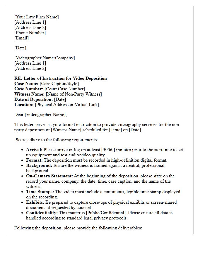 Letter Of Instruction To Deposition Videographer For Non-Party Witness Deposition