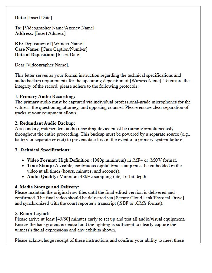 Letter Of Instruction To Deposition Videographer Regarding Audio Backup And Technical Specifications