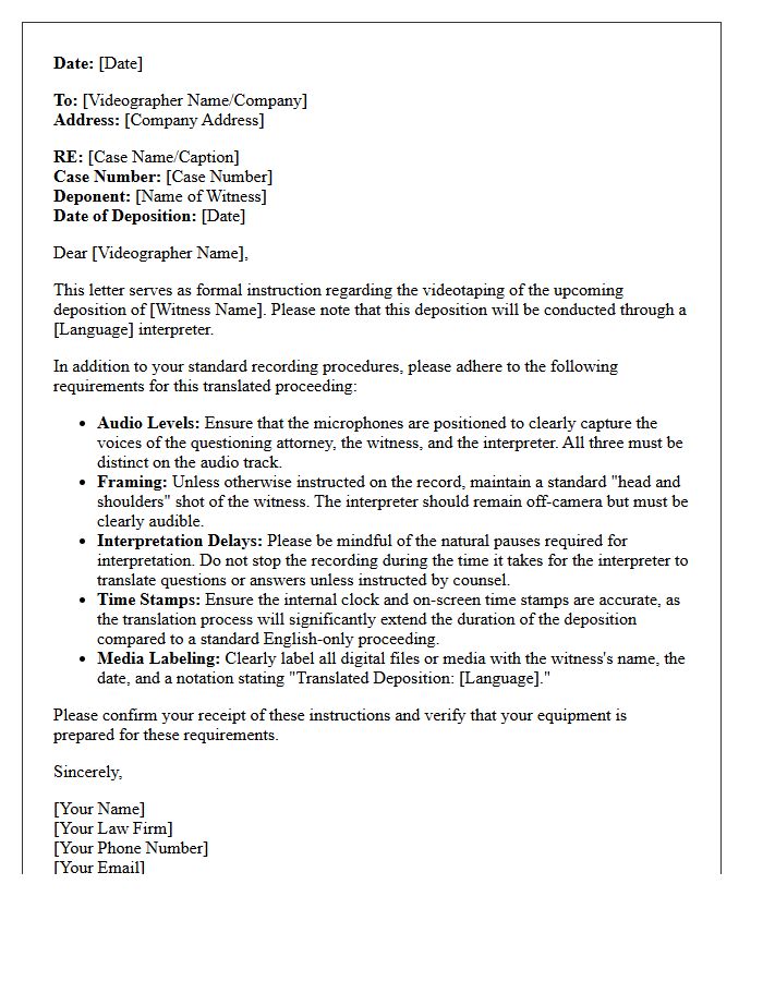 Letter Of Instruction To Deposition Videographer For Translated Deposition With Interpreter