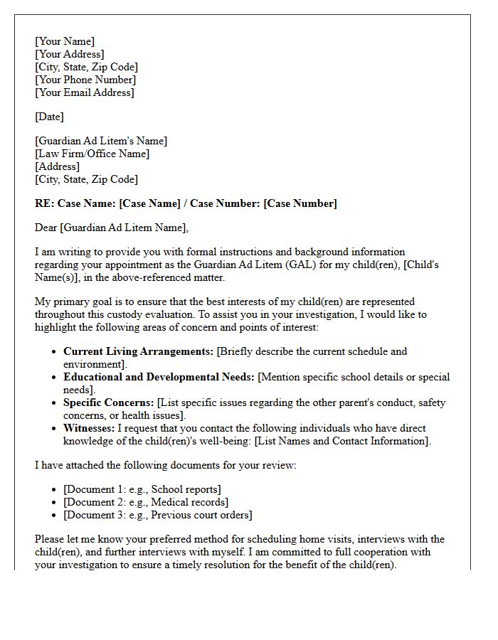 Letter Of Instruction To Guardian Ad Litem Regarding Child Custody Evaluation