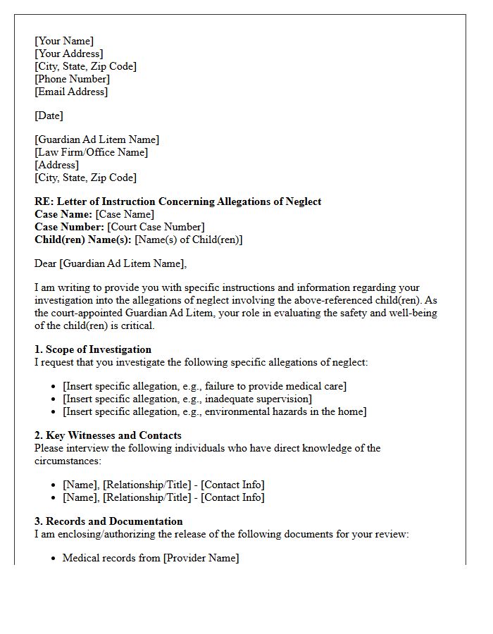Letter Of Instruction To Guardian Ad Litem Concerning Allegations Of Neglect