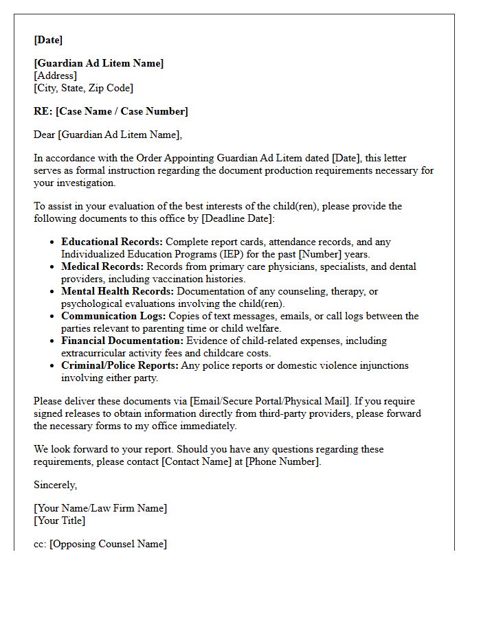 Letter Of Instruction To Guardian Ad Litem Outlining Document Production Requirements