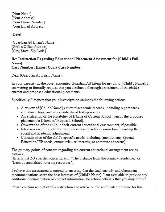 Letter Of Instruction To Guardian Ad Litem Regarding Educational Placement Assessment