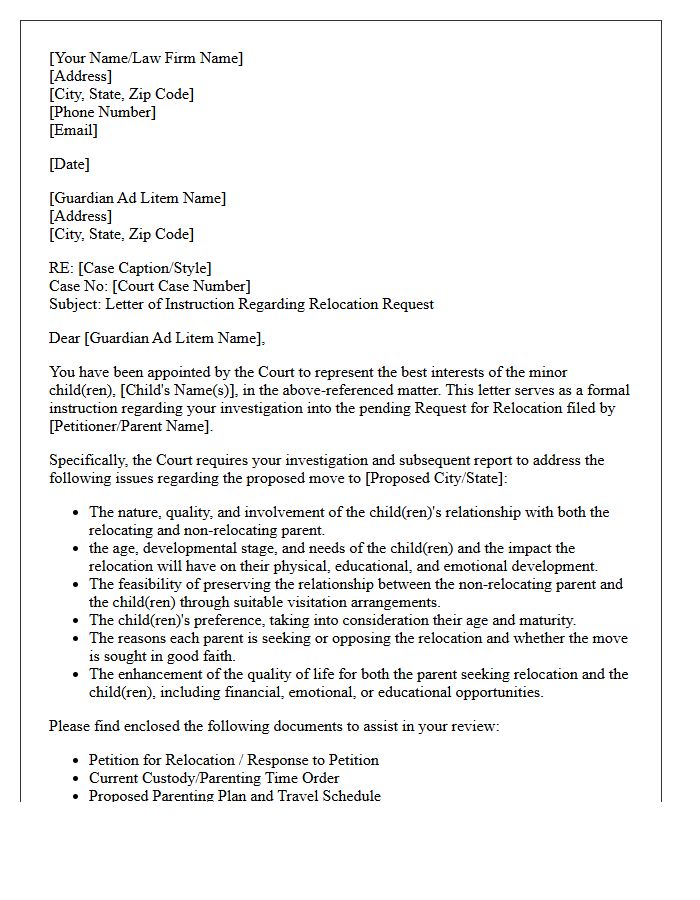 Letter Of Instruction To Guardian Ad Litem For Relocation Request Investigation